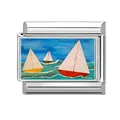 Italian modular charm featuring a colorful sailboat design on a silver stainless steel base - Sailboat Pattern