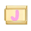 Maillon de charme italien avec finition dorée et lettre J rose en émail poli - 1*0.9cm / Or/Lettre Rose J