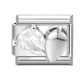 Módulo de charm italiano plateado con diseño de corazón y gema transparente talla pera - Patrón de Corazón Acero (M293785)