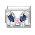 Silver Italian charm link featuring a sapphire blue and pink stone butterfly design - Steel-Butterfly 1 Pattern (M293785)