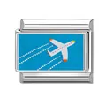 Italian charm link featuring a white airplane on blue enamel with a silver metal frame - 1*0.9cm / Airplane Pattern (Blue 14) / Silver