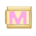 Maillon de bracelet italien avec lettre M rose sur une base en métal doré poli - 1*0.9cm / Or/Lettre Rose M