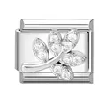 Italian modular charm in silver finish featuring sparkling leaf design with zircons - Steel-Leaf Pattern (M293785)