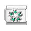 Italian charm link with silver flower design and inlaid green zircon gemstones - Steel-Green Flower Pattern (M293785)