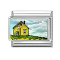 Charm modulare italiano in acciaio inossidabile con pittura di casa gialla e paesaggio - Casa Gialla sulla Collina (Motivo 4)
