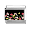 Italian charm link with colorful floral pattern on black background for DIY bracelets - Pastoral Small Flowers (Color Black 7)