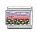 Charm modulare italiano in acciaio con paesaggio al tramonto dipinto e piccoli fiori bianchi - Campo di Fiori Viola (Motivo 11)