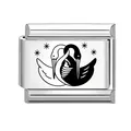 Italian modular charm link in stainless steel featuring black and white bird motif - Black and White Swans with Stars Pattern (No.5) / 1*0.9cm / Silver