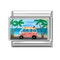 Charm per bracciale italiano con bus vintage rosa e paesaggio di spiaggia - Van da Campeggio in Spiaggia (Motivo 14)