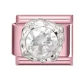 Italienisches Modul-Charm mit rundem Kristall und Silberstruktur auf Roségold-Basis - Weißer Diamant Quadrat Rund