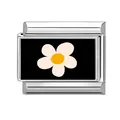 Italian charm link in stainless steel with a black enamel plate and daisy floral motif - Hand-painted Daisy (Color Black 12)