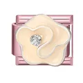 Rosa italienisches Modulglied mit cremefarbener Emailleblume und Zirkon-Element - Weiße Rose