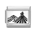 Italian charm link in stainless steel featuring an engraved black volcano mountain design - Volcanic Eruption Landscape (No.7) / 1*0.9cm / Silver