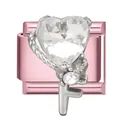 Italienisches Charm-Glied mit rosa herzförmigem Kristall und Edelstahl-Basis - Weißer Diamant Herz Schlüssel