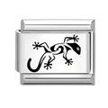 Italian charm link in polished stainless steel featuring a black gecko tribal design - Totem Gecko Pattern (No.10) / 1*0.9cm / Silver
