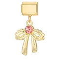 Italienischer Modul-Charm in Gold-Optik mit hängendem rosa Kristall-Schleife - Rosa Zirkonia Große Schleife