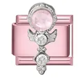 Italienisches Charm-Glied mit rosa Zauberstab und Flügeln auf rosa Basis - Rosa Diamant Runde Quaste