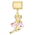Italienischer Charm-Anhänger mit goldener Rose und rosa Herz-Kristallen am Glied - Rosa Herz Rose