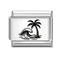 Italian style stainless steel charm link featuring a black coconut tree and sea waves print - Coconut Tree and Waves Pattern (No.15) / 1*0.9cm / Silver