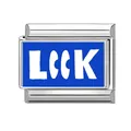Italian style DIY stainless steel charm with blue enamel LUCK lettering for bracelets - Look Owl
