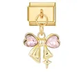 Italienisches Armband-Modul in Gold mit rosa Kristall-Herz und Schleifen-Anhänger - 0.9x1.0cm / Gold Basis Rosa Schleife
