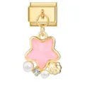 Italian gold charm bracelet link featuring a pink star with pearls and shell charm - 0.9x1.0cm / Gold Base Pink Star