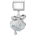 Italian charm link with a silver shell pendant, blue crystals, and a small bow design - 1*0.9cm / Steel Base Pendant - Blue Rhinestone Bow Shell