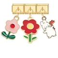 Italian style charm link bracelet set with pink flower, red flower and bunny charms - Flower Rabbit Pink Gold Combo