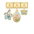 Italian charm bracelet set with gold butterfly and tulip charms in vintage style - Butterfly Tulip Blue Gold Combo