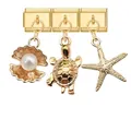 Gold Italian charm bracelet links featuring ocean themed shell turtle and starfish pendants - Pearl Shell Turtle Starfish Gold Combo