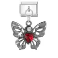 Butterfly charm for bracelet with red heart gemstone and clear cubic zirconia in 304 steel - Red Zirconia Butterfly (M293754)