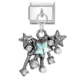 Stainless steel modular charm link with sparkling stars and white pearl accents - Blue Star Tassel (M293754)