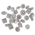 Assorted vintage silver metal buttons with floral and geometric patterns for coats - Five Mixed Styles / 50 Pieces / Antique Silver