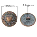 Detailed 18mm vintage metal button with heart pattern showing front and back shank - Round Heart Style / 30Pcs Pack / Antique Copper Blue