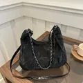 Pleated black crescent shoulder bag with silver chain and large capacity for women - Black Without Pendant
