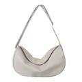 Minimalist beige half-moon crossbody bag in premium textured vegan leather with strap - White