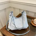 Light blue pleated hobo bag with marble pattern and dual metal chain shoulder straps - Blue Without Charm