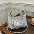 Silver metallic pleated hobo bag with chain strap and adjustable crossbody strap - Silver Without Pendant