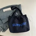Borsa tote blu navy con coulisse e scritta SUPPORT, borsa a spalla casual per studenti - Blu