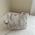 White textured tote bag with colorful wavy embroidery and braided shoulder straps - Large Capacity Tote Style / White