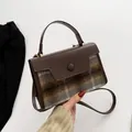 Sac à bandoulière rétro en similicuir marron foncé et tissu de laine à carreaux - Gris