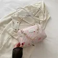 Pink striped mini pillow bag with pearl chain handle and adjustable crossbody strap - Striped Pink