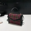 Retro plaid crossbody bag with purple and green checkered wool fabric and leather trim - Red