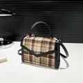 Retro plaid crossbody bag in green and brown tweed with black leather trim detail - Brown