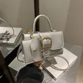 Silver lychee pattern small square handbag with golden horseshoe buckle and coin purse - Silver