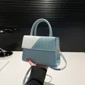 Blue and white colorblock handbag with crocodile pattern texture and golden hardware - Blue