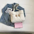 Borsa tote in velluto a coste bianco con doppie cerniere e grande capienza casual - Bianco