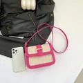 Borsa a tracolla retrò color-block in pelle magenta e paglia con fibbia dorata - Rosa Rosso