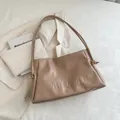 Fashion coffee brown soft leather tote bag with embossed letters and knot straps - Khaki