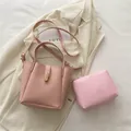 Conjunto de bolso tote de cuero rosa minimalista con estuche pequeño y cierre dorado - Juego de 2 piezas (bolso tote + neceser interior) / Rosa